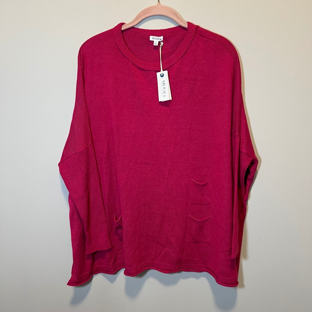 Mersea Catalina Crewneck Sweater Pink Oversized Knit Pockets Petite P NWT